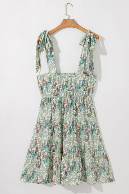 Floral Knot Strap Smocked Tiered Ruffle Dress