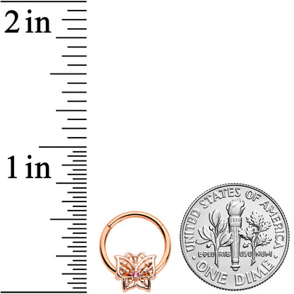 16G 3/8 Pink CZ Gem Rose Gold Tone Butterfly Hinged Segment Ring