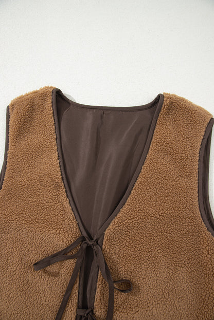 Contrast Trim Sherpa Tie-Front Vest