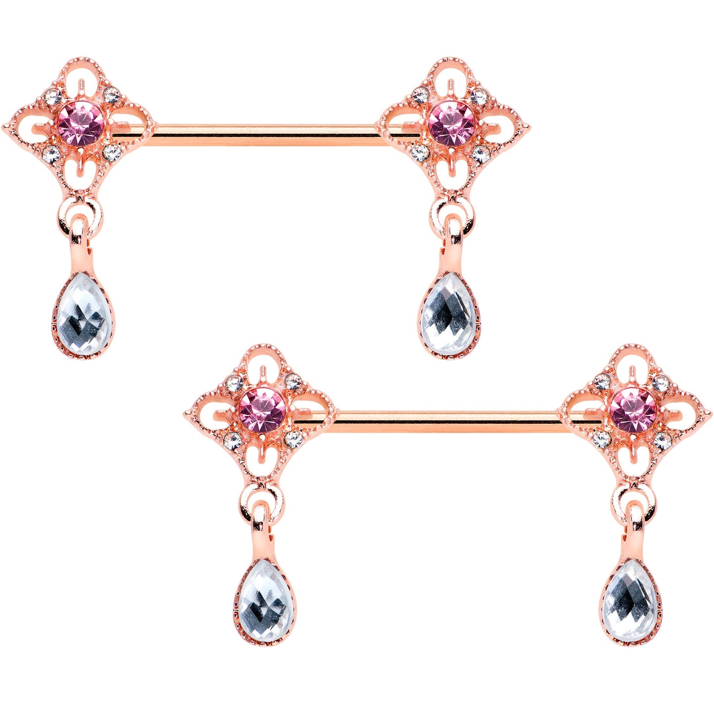 14G 9/16 Purple Grey Gem Rose Gold Tone Dangle Nipple Ring Set