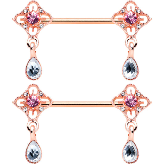 14G 9/16 Purple Grey Gem Rose Gold Tone Dangle Nipple Ring Set