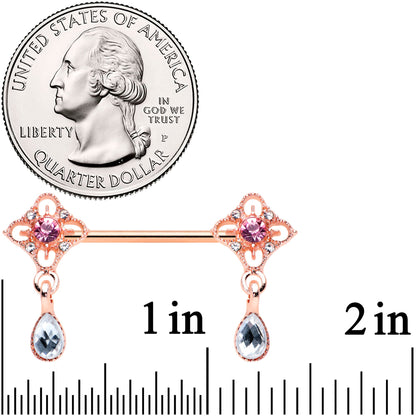 14G 9/16 Purple Grey Gem Rose Gold Tone Dangle Nipple Ring Set