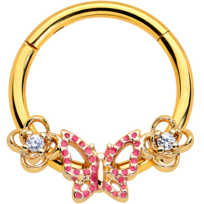 16G 3/8 Clear CZ Gem Gold Hue Sweet Butterfly Hinged Segment Ring