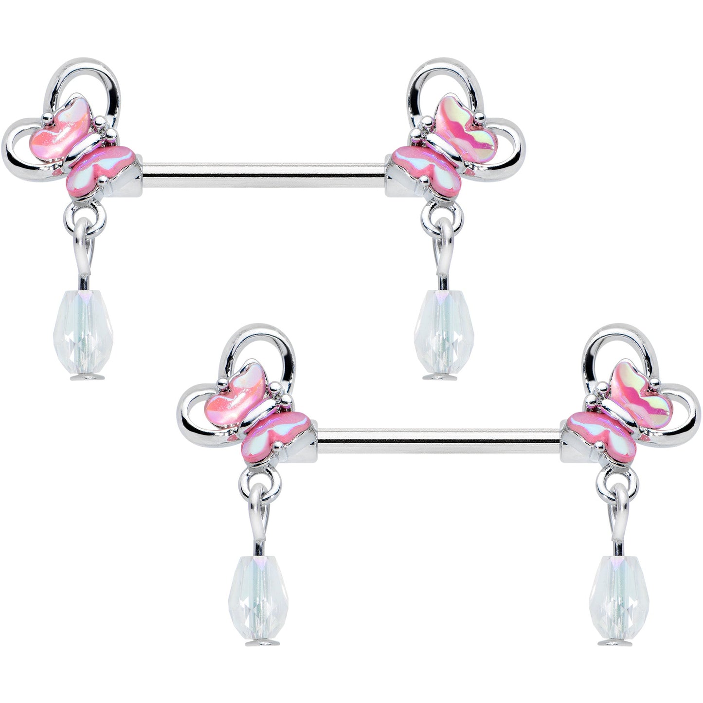 14G 9/16 Heart Pink Butterfly Dangle Barbell Nipple Ring Set