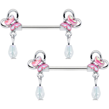 14G 9/16 Heart Pink Butterfly Dangle Barbell Nipple Ring Set