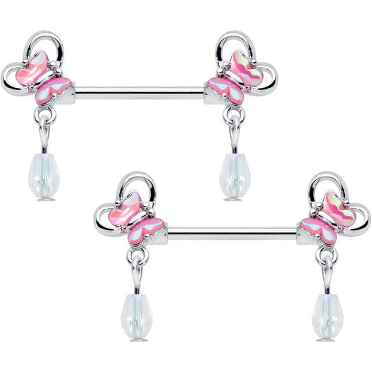 14G 9/16 Heart Pink Butterfly Dangle Barbell Nipple Ring Set