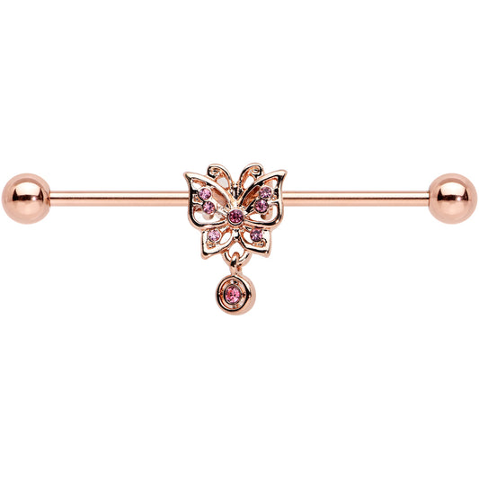14G Pink CZ Gem Rose Gold Tone Butterfly Industrial Barbell 38mm