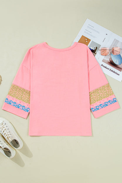 Floral Colorblock Patchwork 3/4 Sleeve Top
