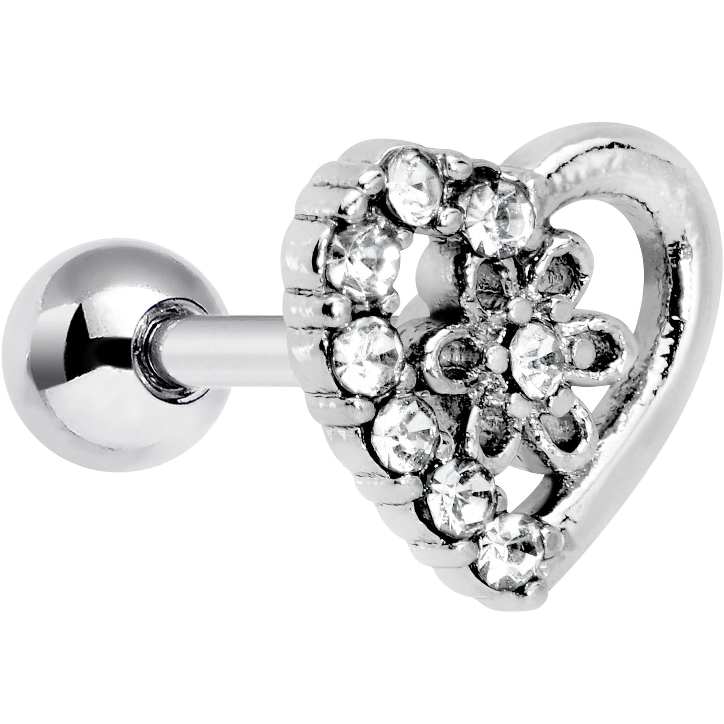 16G 1/4 Clear Gem Floral Hollow Heart Cartilage Tragus Earring