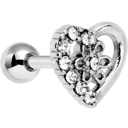 16G 1/4 Clear Gem Floral Hollow Heart Cartilage Tragus Earring
