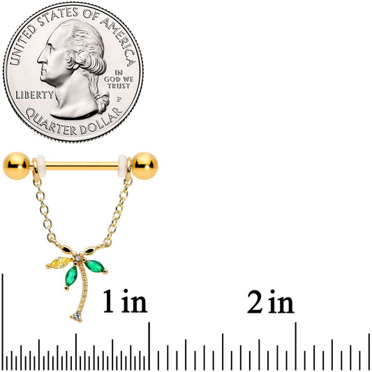 14G 9/16 Green Gem Gold Hue Palm Tree Chain Dangle Nipple Ring Set