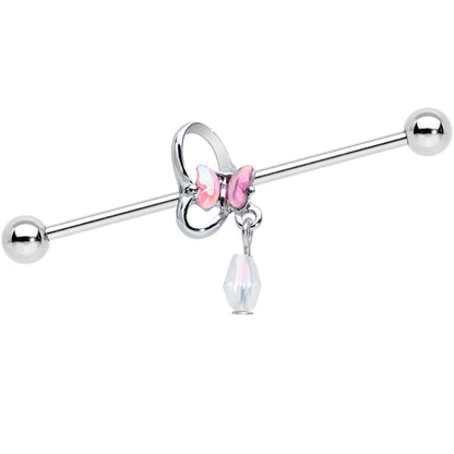 14G Heart Pink Butterfly Dangle Industrial Barbell 38mm