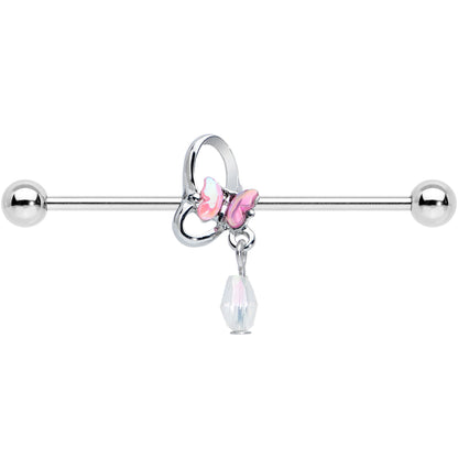 14G Heart Pink Butterfly Dangle Industrial Barbell 38mm