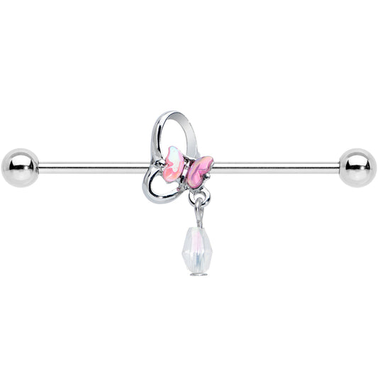 14G Heart Pink Butterfly Dangle Industrial Barbell 38mm