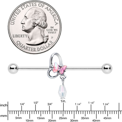 14G Heart Pink Butterfly Dangle Industrial Barbell 38mm