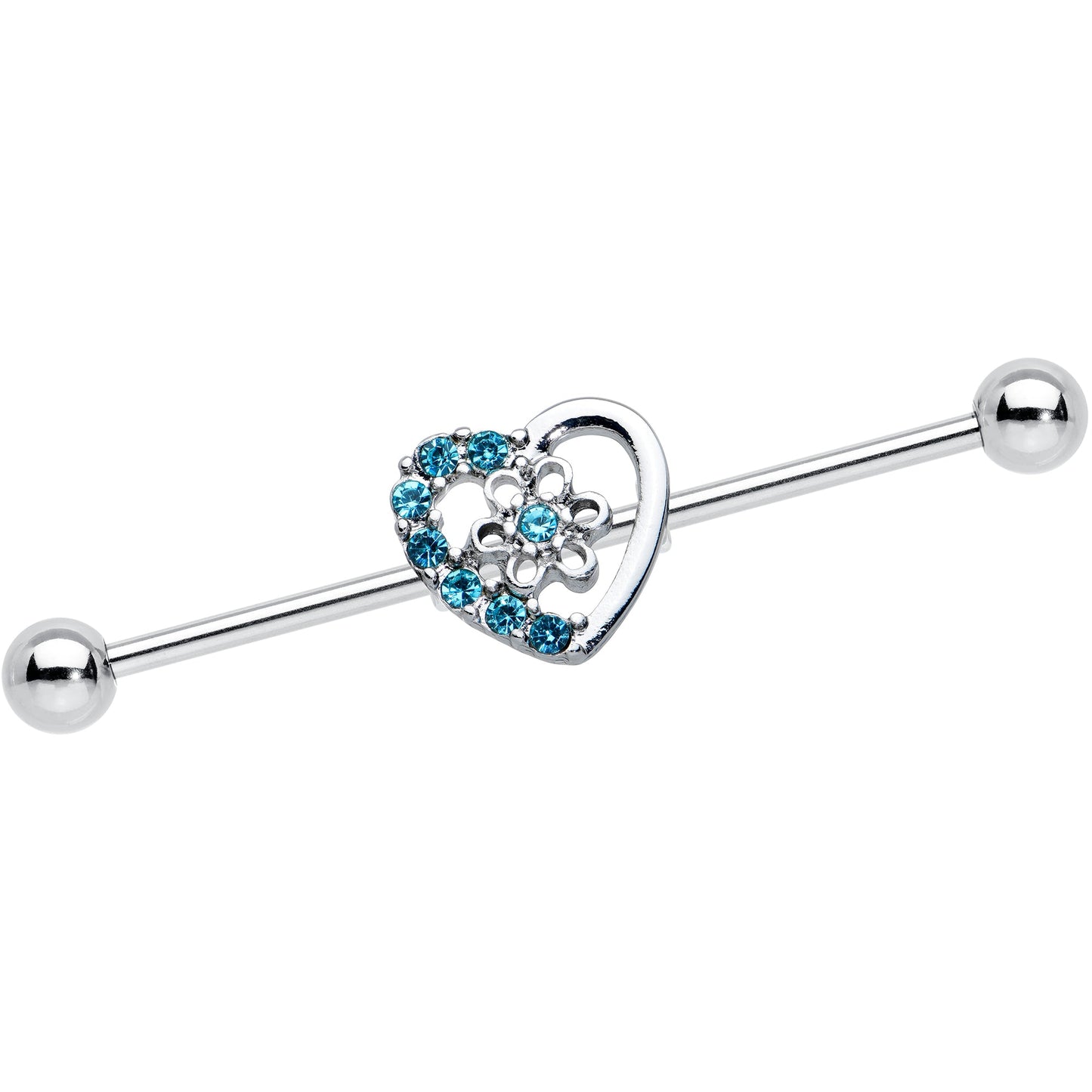 14G Blue Gem Floral Hollow Heart Industrial Barbell 38mm