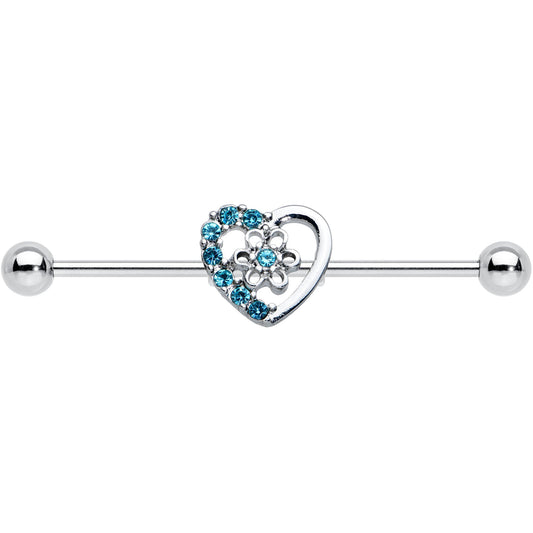14G Blue Gem Floral Hollow Heart Industrial Barbell 38mm