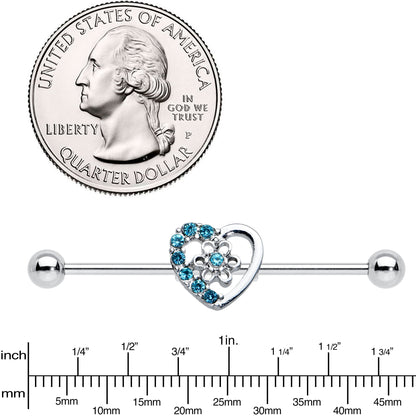 14G Blue Gem Floral Hollow Heart Industrial Barbell 38mm