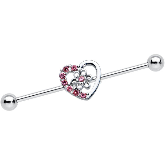 14G Pink Gem Floral Hollow Heart Industrial Barbell 38mm