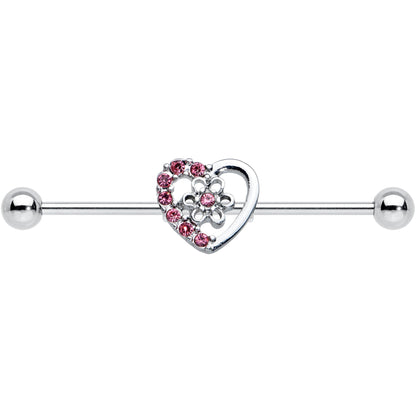 14G Pink Gem Floral Hollow Heart Industrial Barbell 38mm