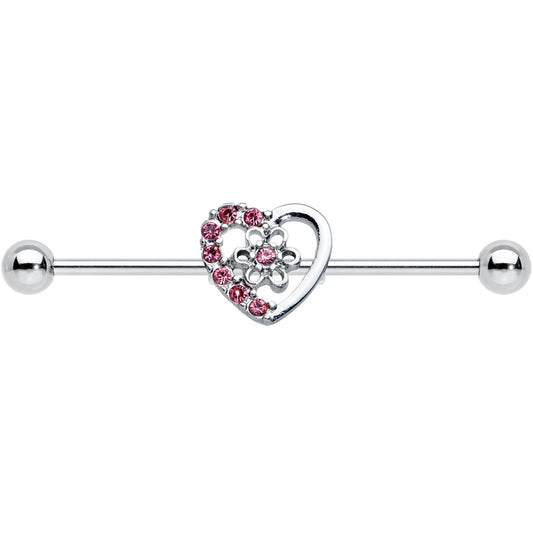 14G Pink Gem Floral Hollow Heart Industrial Barbell 38mm