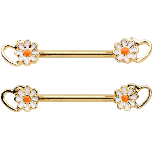14G 9/16 Gold Tone Daisy Flower Heart Barbell Nipple Ring Set