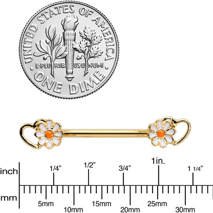 14G 9/16 Gold Tone Daisy Flower Heart Barbell Nipple Ring Set