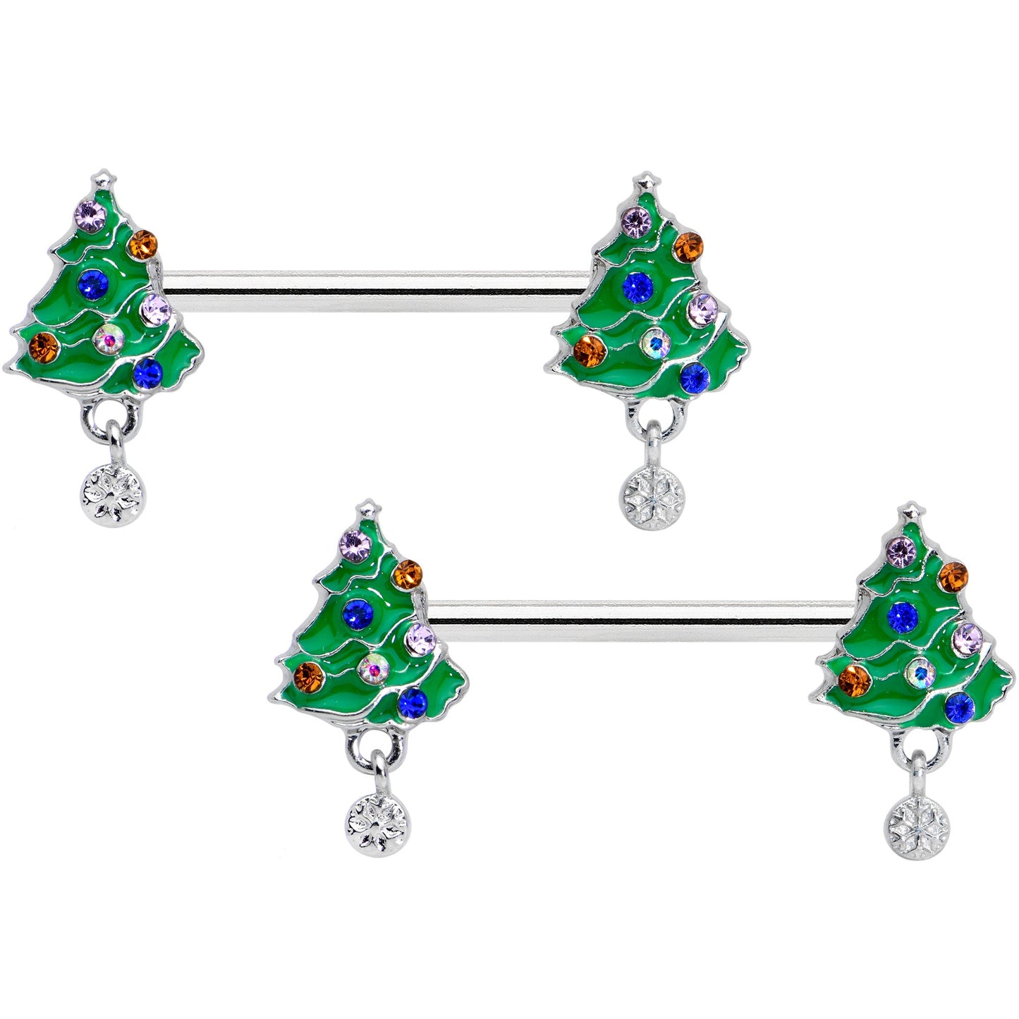 14G 1/2 Clear Blue Red Gem Christmas Tree Barbell Nipple Ring Set