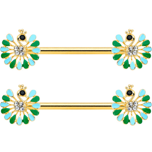 14G 5/8 Clear Gem Gold Hue Pretty Peacock Barbell Nipple Ring Set