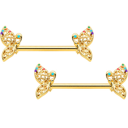 14G 9/16 Clear CZ Gem Gold Tone Heart Butterfly Nipple Ring Set