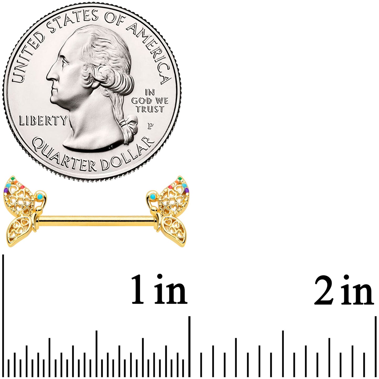 14G 9/16 Clear CZ Gem Gold Tone Heart Butterfly Nipple Ring Set