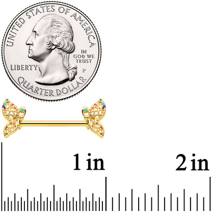 14G 9/16 Clear CZ Gem Gold Tone Heart Butterfly Nipple Ring Set