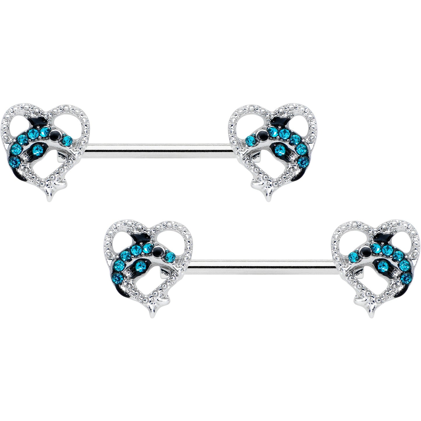 14G 9/16 Clear Blue Gem Dolphin Heart Barbell Nipple Ring Set