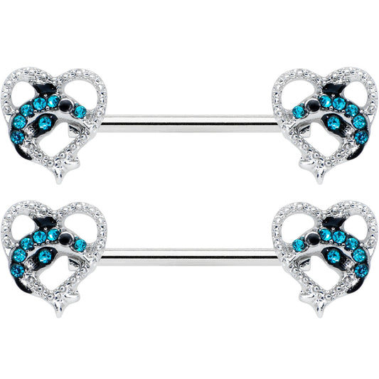 14G 9/16 Clear Blue Gem Dolphin Heart Barbell Nipple Ring Set
