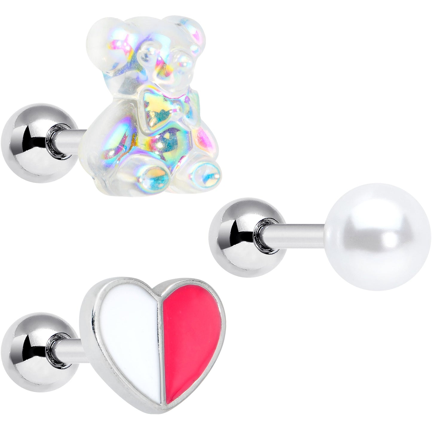 16G 1/4 Bear Pearlescent Striped Heart Cartilage Tragus Set of 3