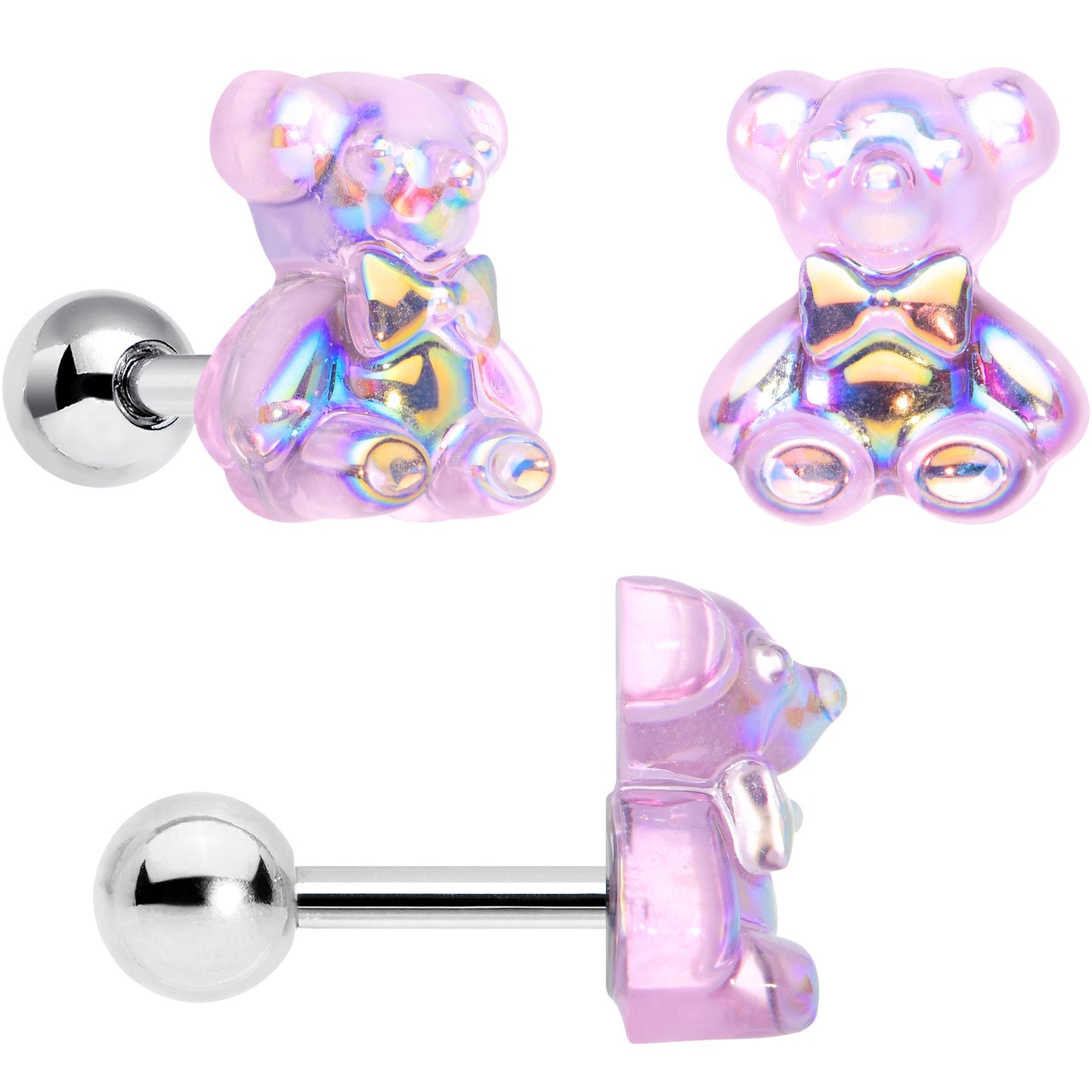 16G 1/4 Bear Pearlescent Purple Heart Cartilage Tragus Curation Set of 3