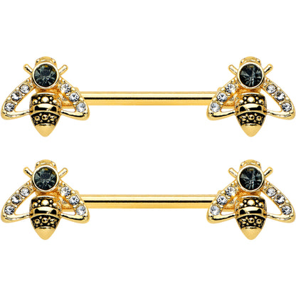 14G 9/16 Clear Black Gem Gold Tone Angular Bee Nipple Ring Set