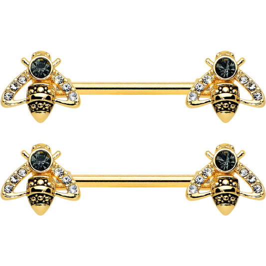 14G 9/16 Clear Black Gem Gold Tone Angular Bee Nipple Ring Set