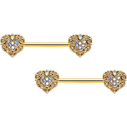 14G 9/16 Aurora Gem Gold Tone Baroque Heart Nipple Ring Set