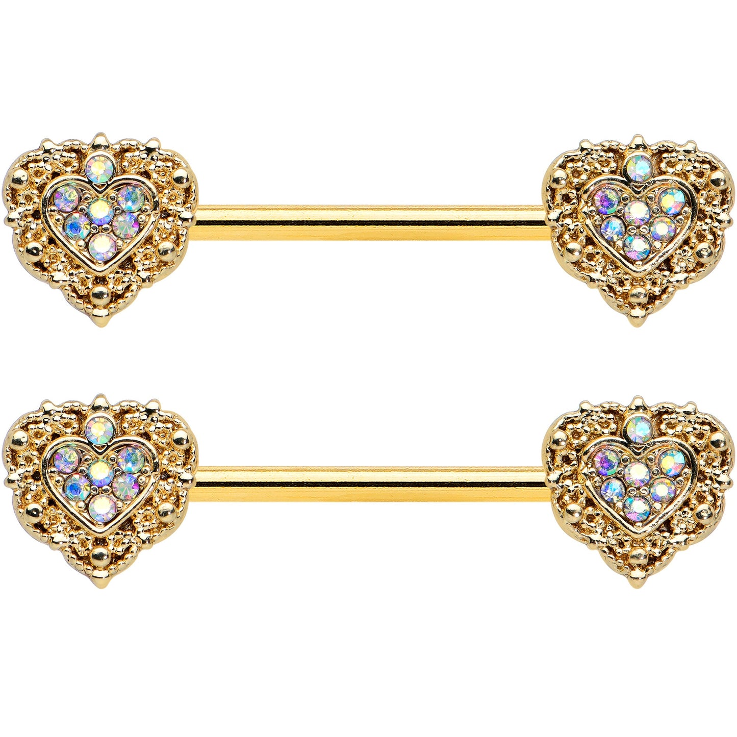 14G 9/16 Aurora Gem Gold Tone Baroque Heart Nipple Ring Set