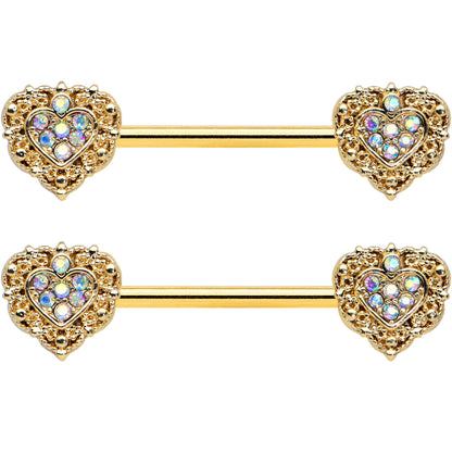 14G 9/16 Aurora Gem Gold Tone Baroque Heart Nipple Ring Set