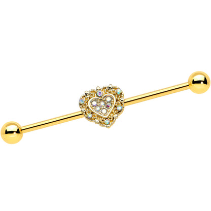 14G Aurora Gem Gold Tone Baroque Heart Industrial Barbell 38mm