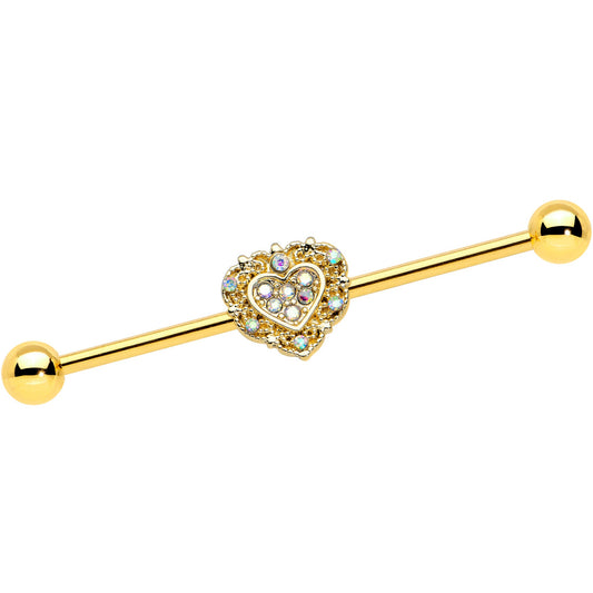 14G Aurora Gem Gold Tone Baroque Heart Industrial Barbell 38mm