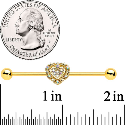 14G Aurora Gem Gold Tone Baroque Heart Industrial Barbell 38mm