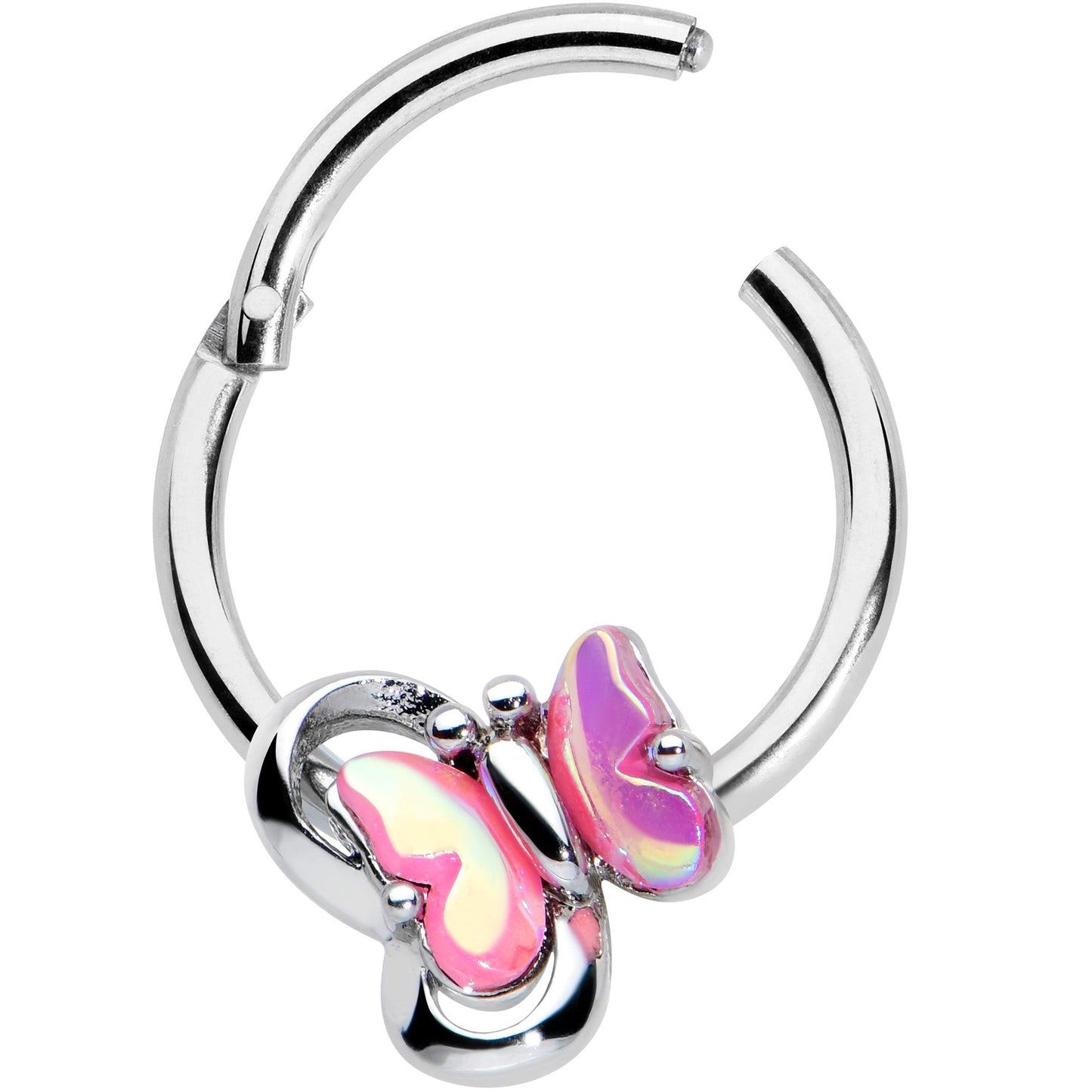 16G 3/8 Heart Pink Butterfly Hinged Segment Ring