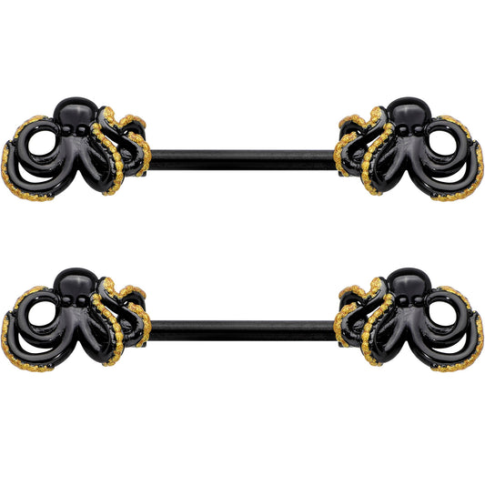 14G 9/16 Black Understated Octopus Barbell Nipple Ring Set