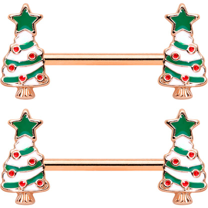 14G 9/16 Red Gem Rose Gold Tone Christmas Tree Nipple Ring Set