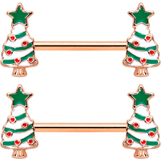 14G 9/16 Red Gem Rose Gold Tone Christmas Tree Nipple Ring Set