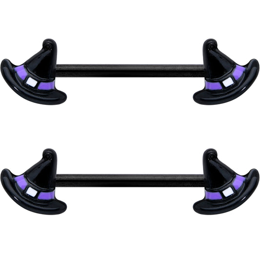 14G 5/8 Black Purple Band Witch Hat Halloween Nipple Ring Set