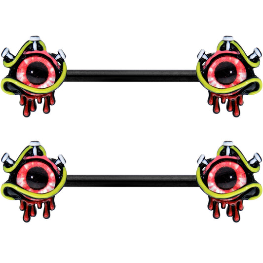 14G 9/16 Black Spiky Eyeball Halloween Barbell Nipple Ring Set